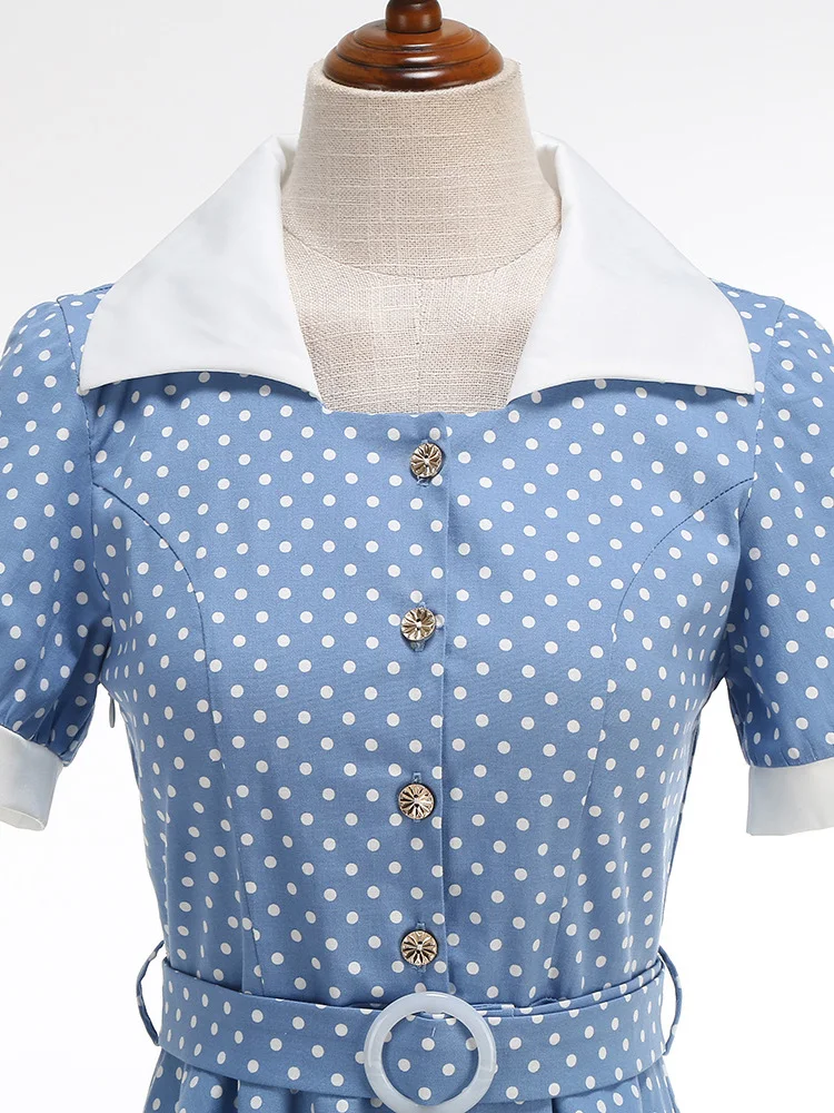 Tonval Retro-Kleider für Damen, 2025, Umlegekragen, Knöpfe vorne, Gürtel, gepunktet, Baumwolle, Rockabilly-Flare-Midikleid – Detail 6