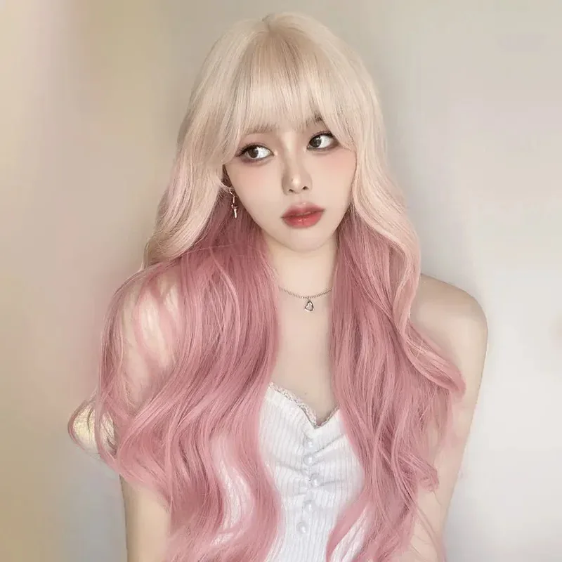 Wig Merah Muda Putih Bergelombang Panjang untuk Wanita Wig Sintetis Pesta Harian dengan Kostum Poni Wig Lolita Wig Cosplay Merah Muda Gradien Platinum
