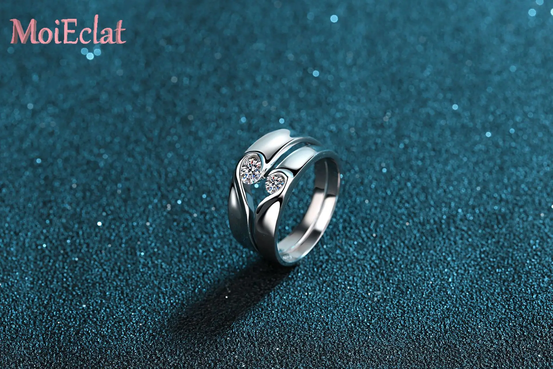 Sparkling Platinum Pt950 Lovers Ring Set with 0.1/0.3ct Moissanite Stones, Love-in-heart Couple Ring Women Wedding Fine Jewelry