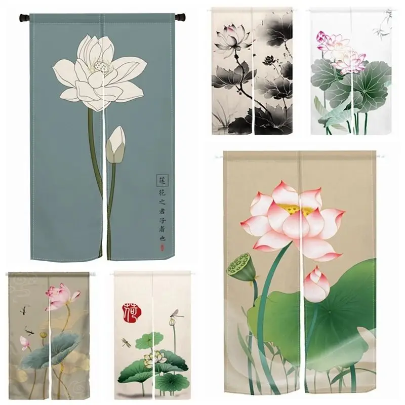 VIKAMA Türvorhang mit chinesischer Tinte und Lotusblüten, Leinen, langlebig, stilvoll, für Schlafzimmer, Küche, Eingang, Dekoration, Trennwand, Halbvorhang