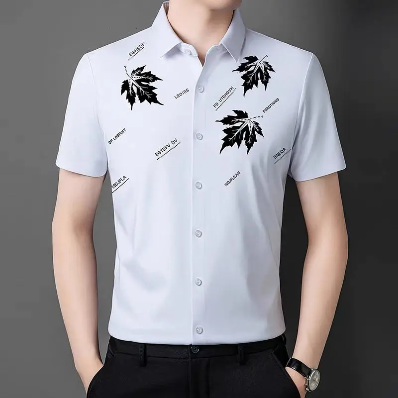 Business Fashion Smart Casual High-end Men Short Sleeved Shirt Summer Thin Lapel Patchwork Button Solid Printed Thin Top 2024