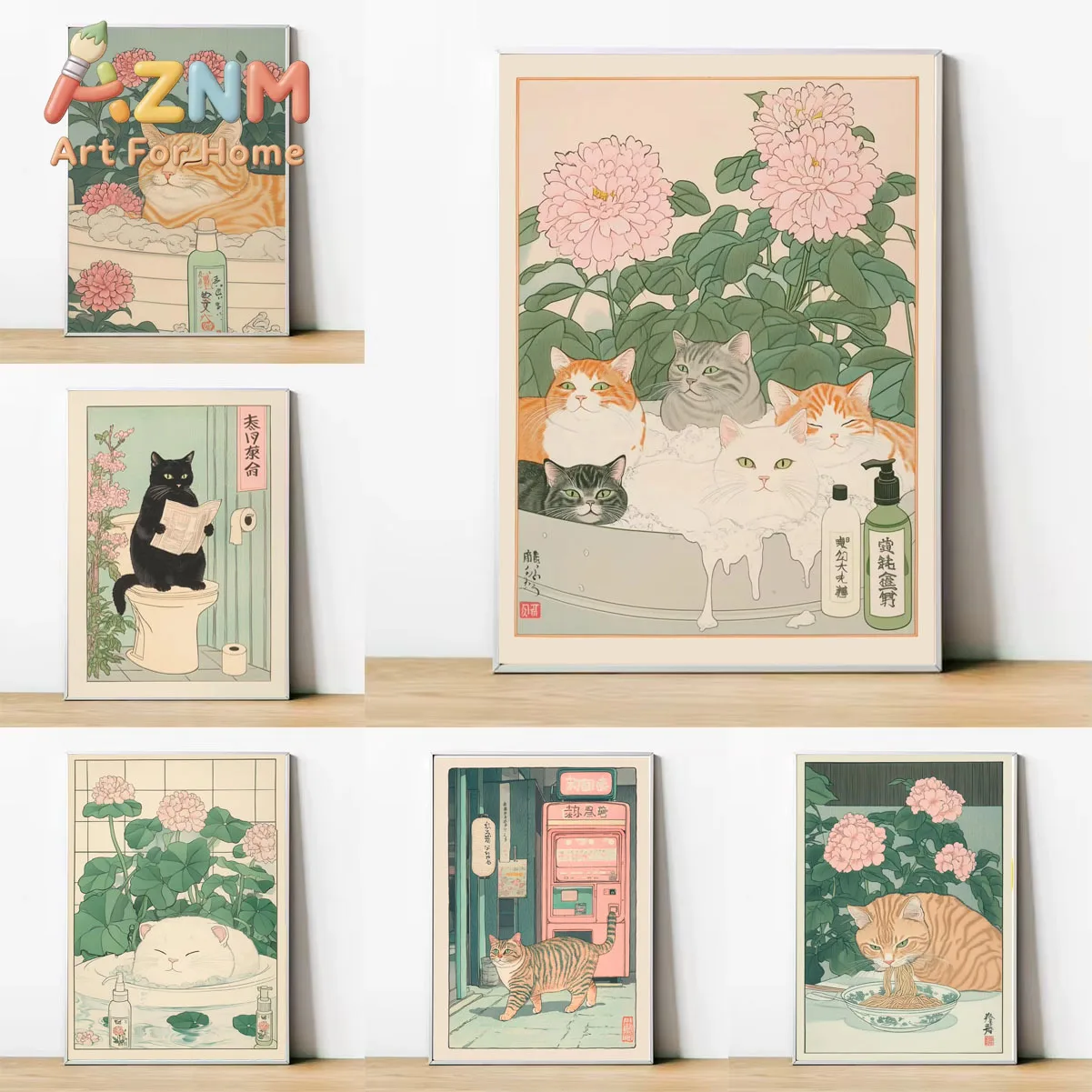 Cat in the Bathtub Japanese Vintage Classic Tiger Cat Wall Art Japanese Bathroom Toilet Poster Home Living Room Bedroom Decor