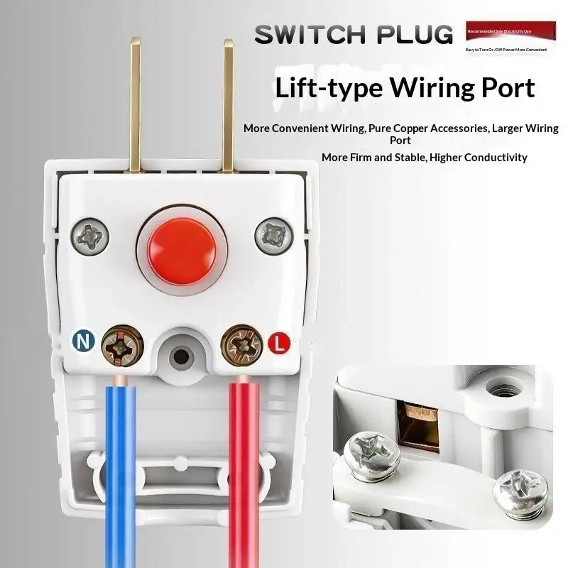 2 Prong Electric Power Plug With On Off Switch And Thick Pure Copper Pins 10A 250V For Home Office Daily Use《T Ing Q Store》