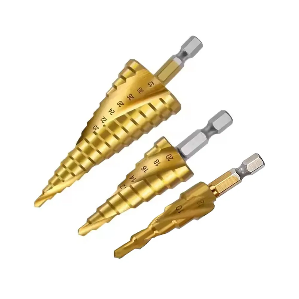 チタンメッキステップドリル、六角シャンク、スパイラル溝、4-12mm/4-20mm/4-32mm、Baotaドリルツールアクセサリーセット