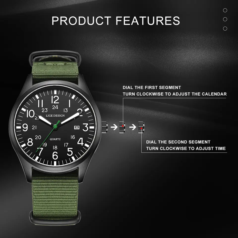 LIGE Top Brand Luxury Men Quartz Watch Date Nylon Leather Waterproof Luminous Military Sports Watches For Men Relogios Masculino - 3