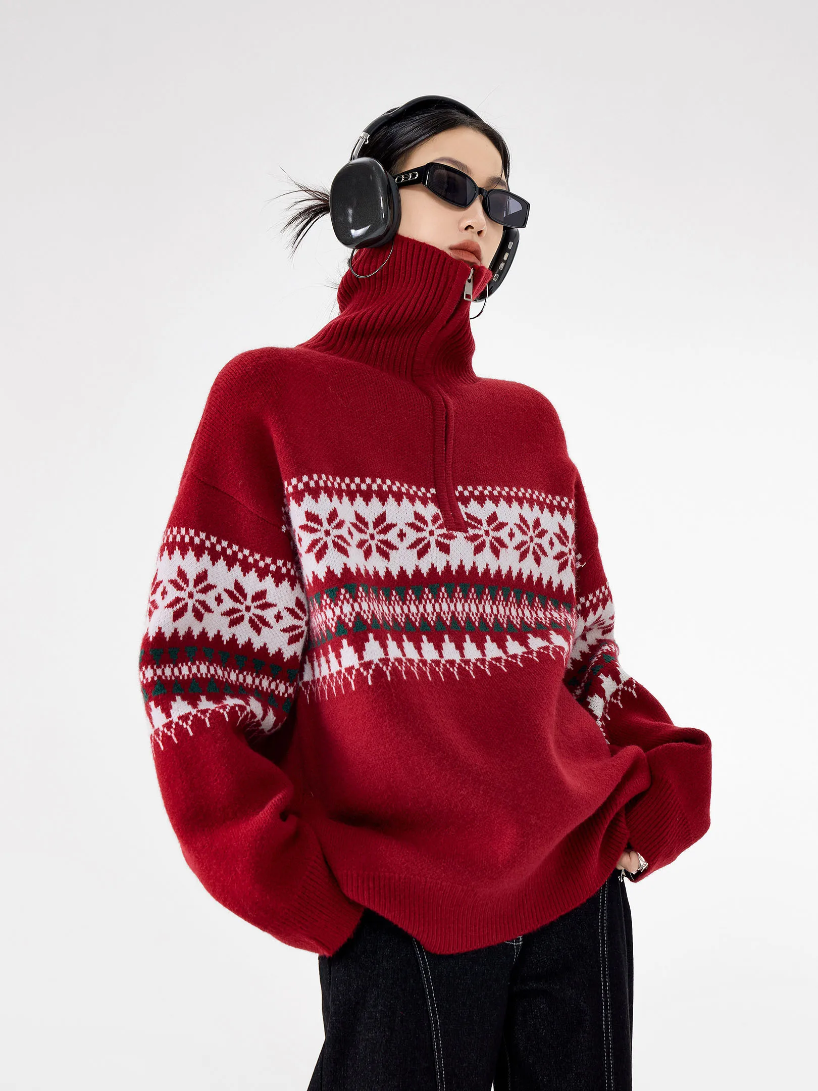 

Американский ретро-свитер в стиле Fair Isle с высоким воротником на молнии, свободный повседневный свитер унисекс красного цвета