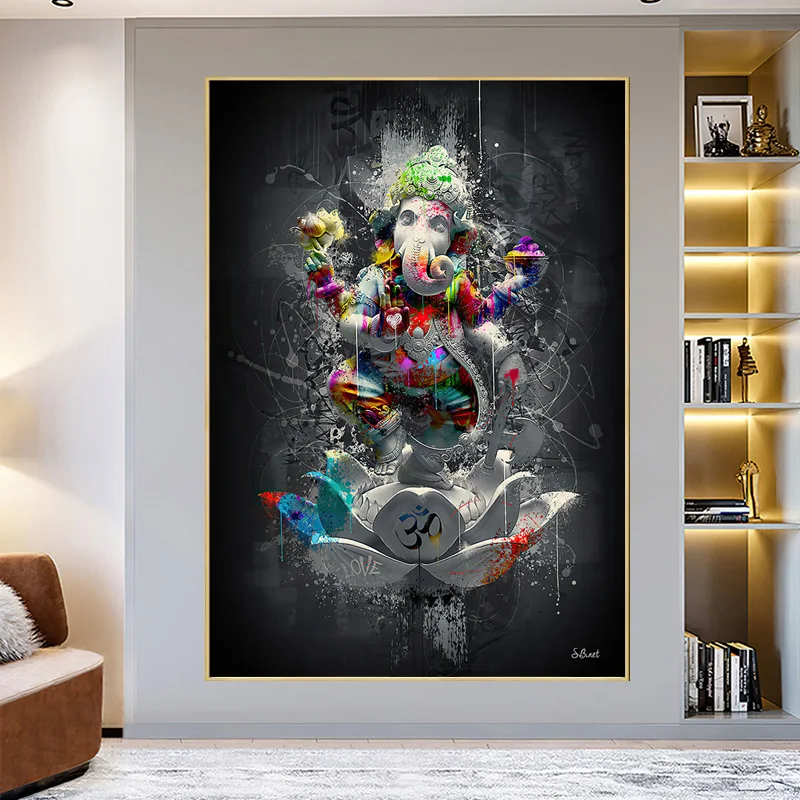 Hindu Elephant God Canvas Painting Abstract Religion Ganesha LLotus Wall Posters and Prints Graffiti Picture Home Deocr No Frame