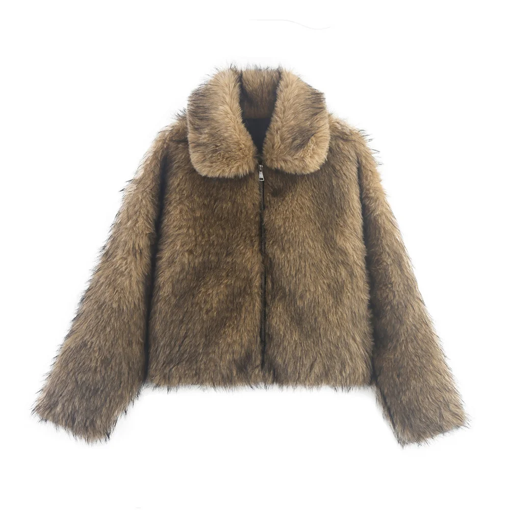 

BMURHMZA women's new casual versatile lapel loose fur integrated zipper jacket, temperament long sleeved top
