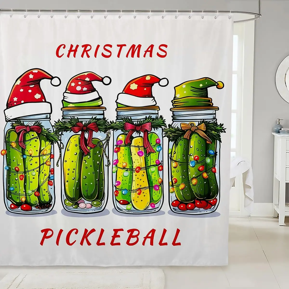 

Рождественская занавеска для душа с рисунком маринованной для любителей маринованных, водонепроницаемый декор для ванной комнаты с Рождеством и забавным рисунком огурца