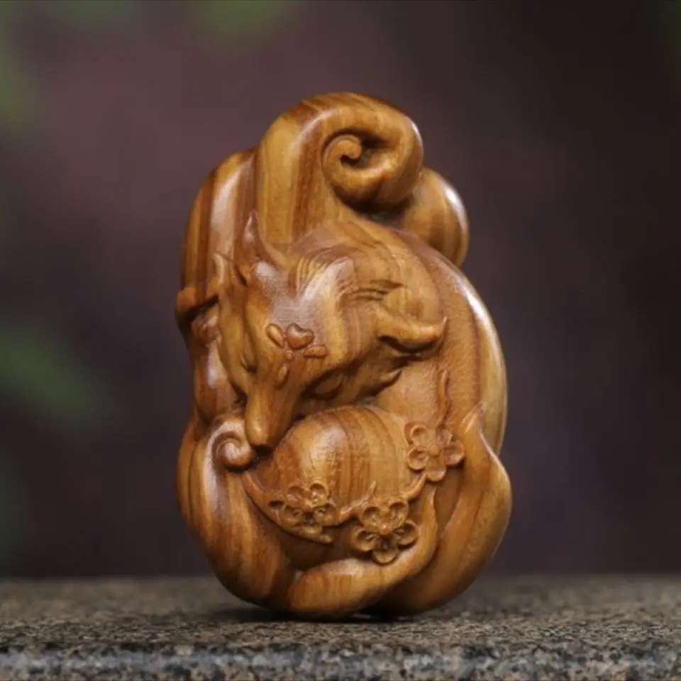 Green Sandalwood Nine-tailed Fox Wood Carving Pendant Men's and Women's Sweater Chain Carry-on Fox Play Text Play Hand Handle