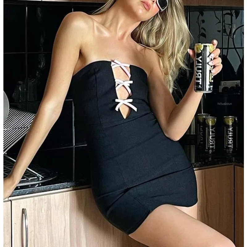 

Temperament Bow Hollow Tube Top Dress American Sexy Hottie Slim Fit Party Hip Wrap Dress