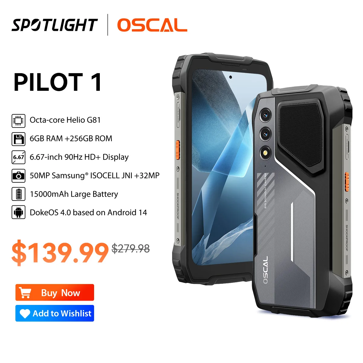 OSCAL PILOT 1 Rugged Smartphone , 15000mAh Battery , 6.67'' HD+Display Octa core MT6769V , 6GB 256GB NFC Mobile Phone 5W Speaker