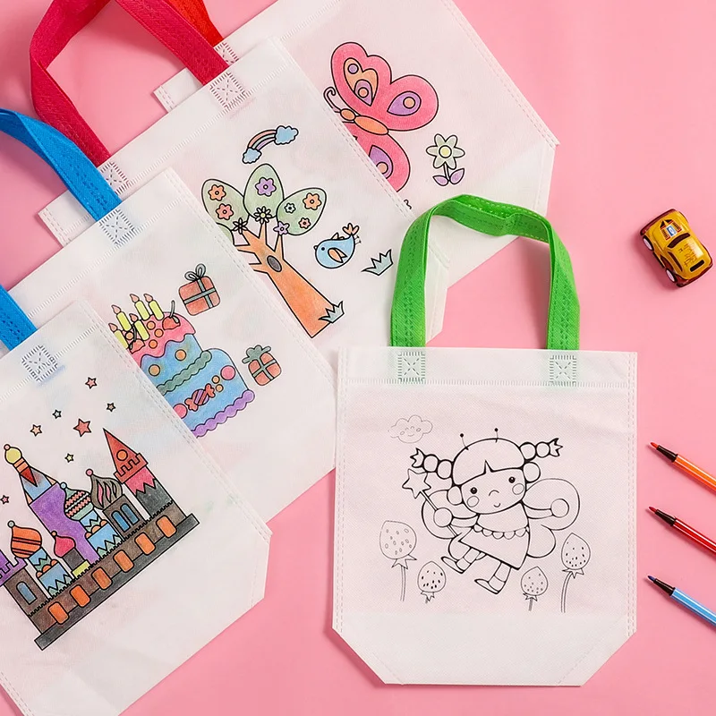 1-10pcs Sets DIY Graffiti Bag with Markers Handmade Painting Non-Woven Bag for Children Arts Crafts Color Filling Drawing Toys