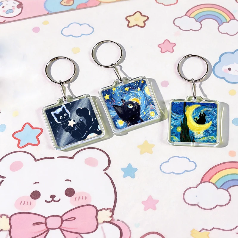 Creative Van Gogh Cat Starry Night Acrylic Keychain Handmade Hanging Clothes Backpack Decoration Accessories Gifts with Friends