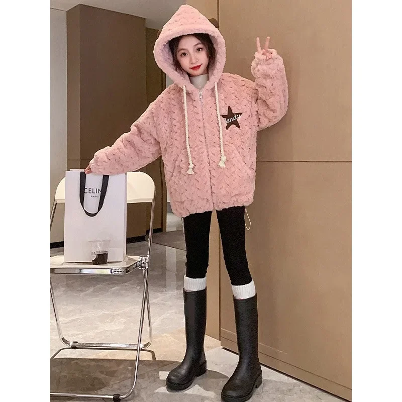 Girls Lamb Wool Coat Plus Cashmere Coat Autumn and Winter 2024 New Foreign Children Fur One Winter Korean Simple Style Clothes image 4
