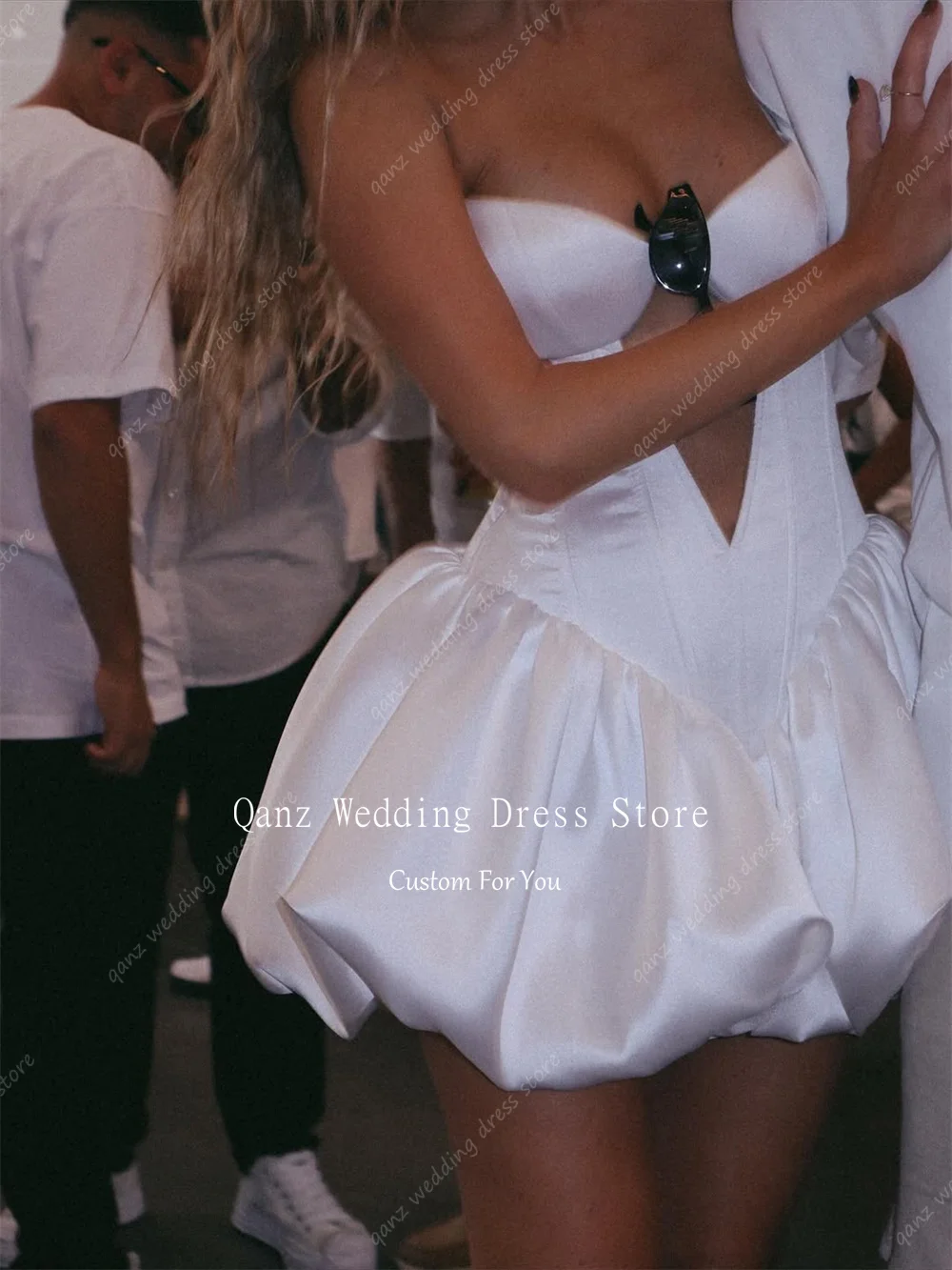 Qanz فساتين زفاف ساتان عتيقة قصيرة على شكل حرف A مشد منتفخ فيستدو دي نوفيا بودا مدني على شكل قلب زي العرائس حسب الطلب #4