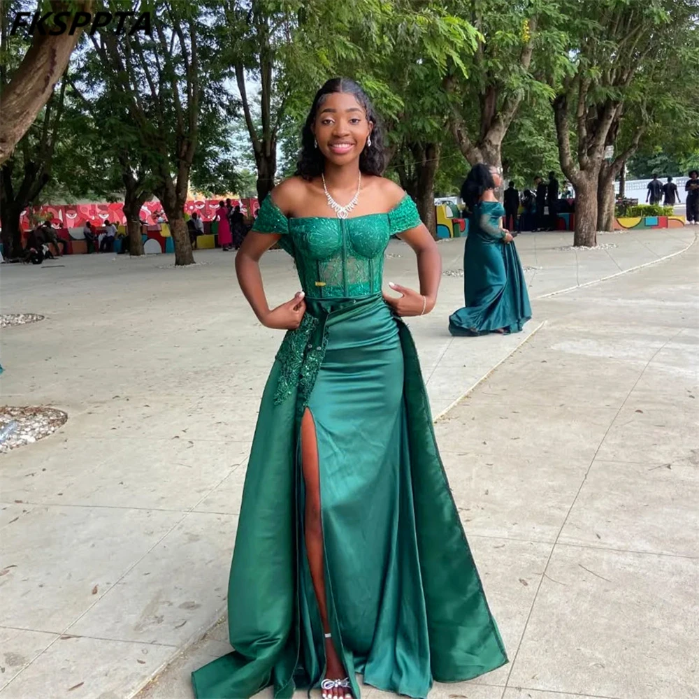 

2025 Long Green Formal Evening Dress Detachable Train Boat Neck Mermaid Corset Lace Satin Women Wedding Party Gowns Customized