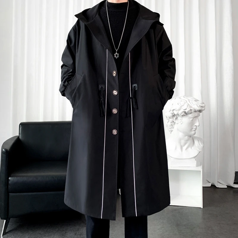 2026 Autumn Men's Mid-Length Jacket Hip Hop Stylish  Single Breasted Casual Trench Coats Hooded Coat Trendy Windbreaker Outwear