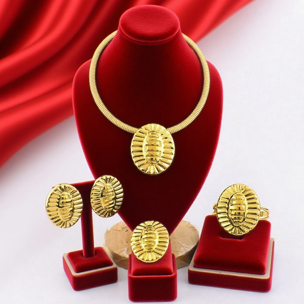

Gold Plated 4Pcs Jewelry Set for Women Necklace Earring Bracelet Ring African Bridal Wedding Party valentine day Gifts
