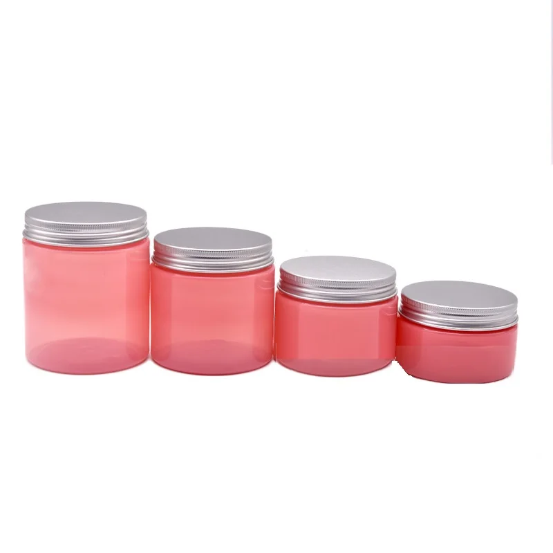 Barattolo cosmetico in plastica da 24 pezzi Vaso per crema rosa trasparente vuoto 100g 150g 200g 250g Coperchio in alluminio argento Contenitore per crema da imballaggio portatile