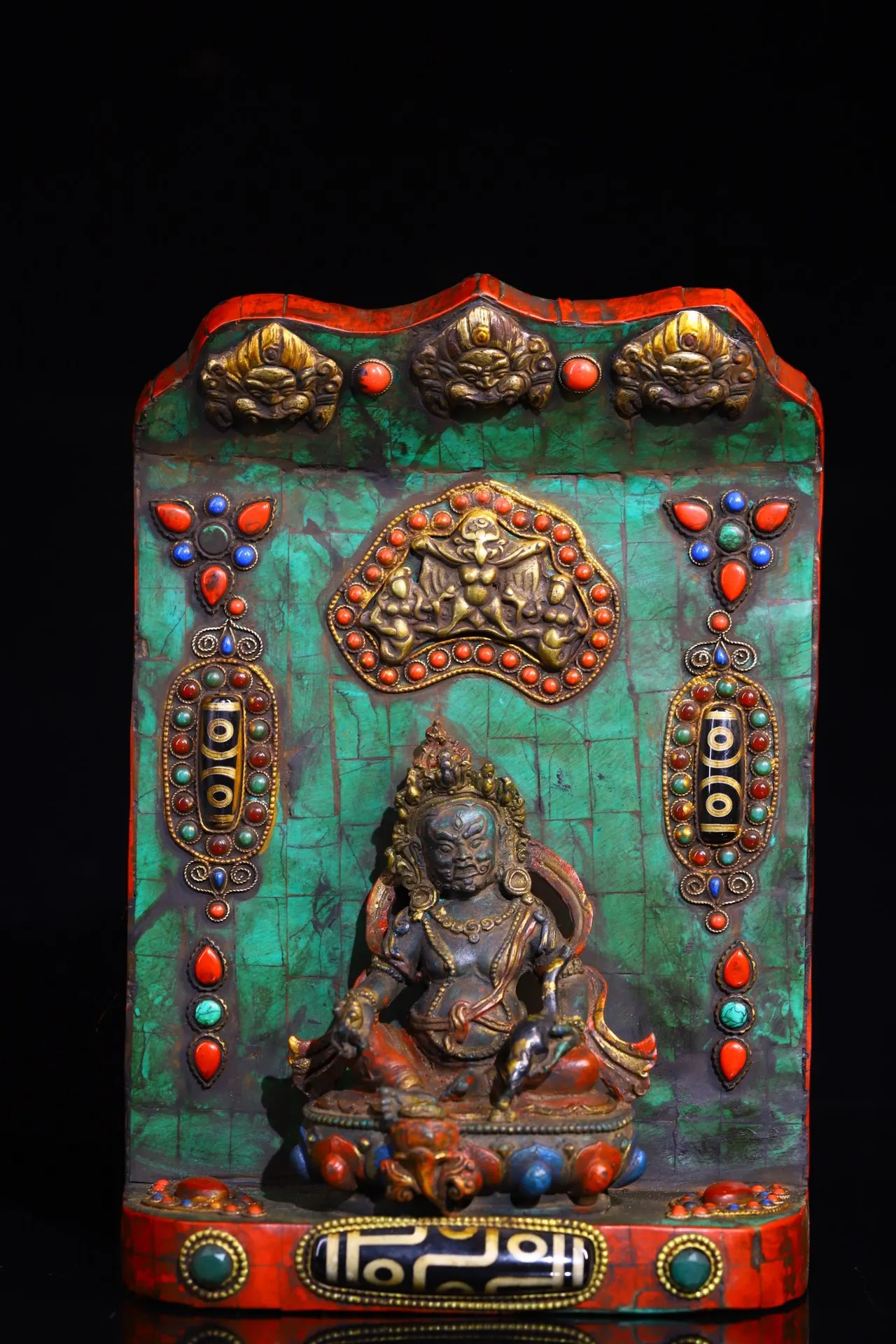 

9"Tibetan Temple Collection Old Bronze Painted Mosaic Gem gZi Beads Turquoise Yellow Jambhala Buddhist Niche Worship Hall