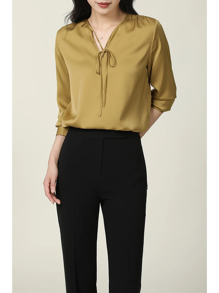 

Ele Simple Silk irt Masjm Brand Woven Fabric Long Sve Belted True Silk Top Ladies Busin Sle Pure Color irt