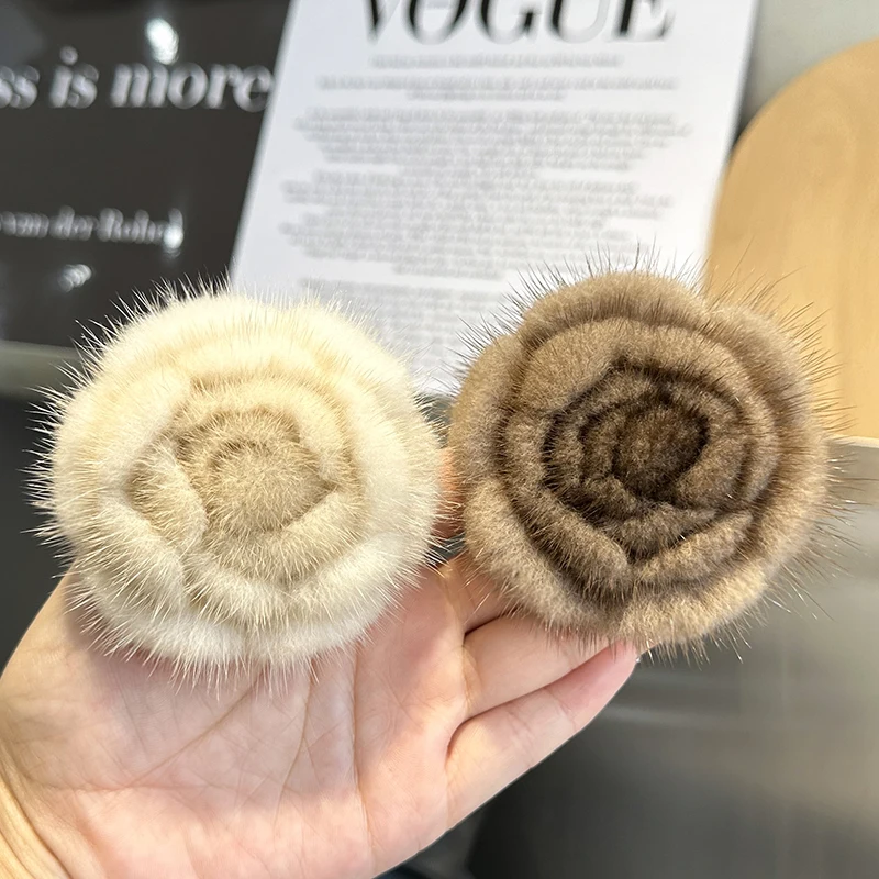 Hair Rope Real Mink Fur Camellia Elastic Bands Woman Luxury Genuine Rubber Band Hair Ring Accessories Fur Fluffy Hair Ties Girls