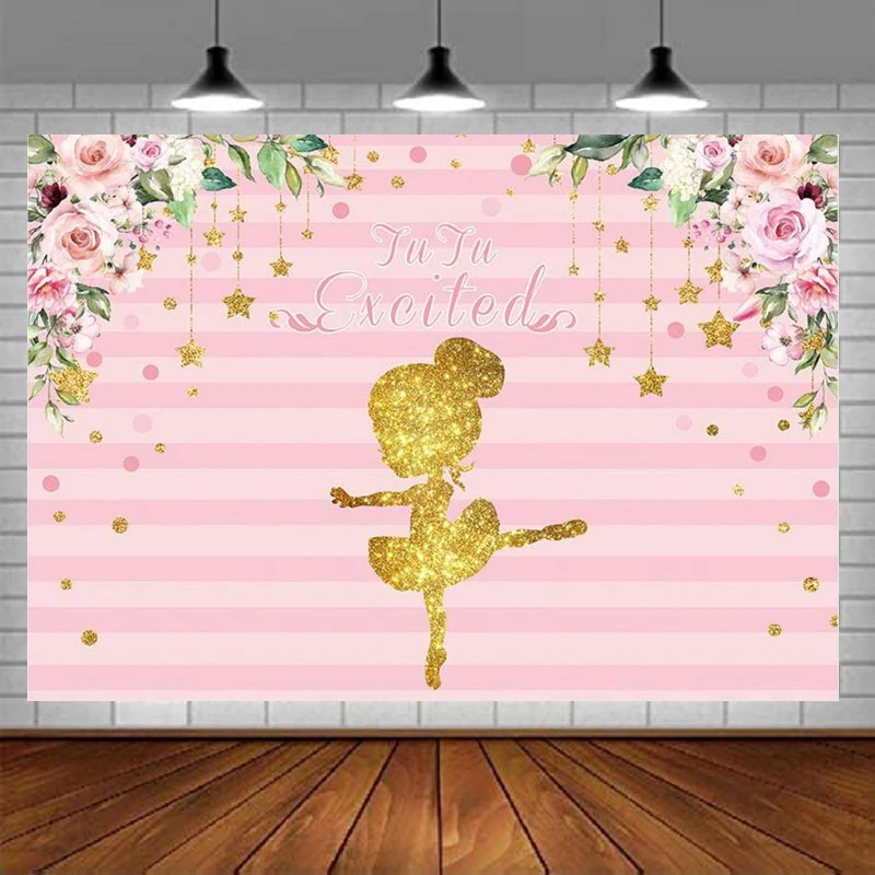 

Ballerina Princess Photography Backdrop Golden Pink Floral Tutu Dress Girls Birthday Baby Shower Party Photo Background Decor