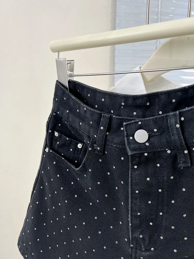 Weibliche Hohe Taille Abnehmen Schwarz Polka Dot Denim Shorts Sommer Neue Stil Vielseitig Breite Beine A-line Hüfte Hot Hosen