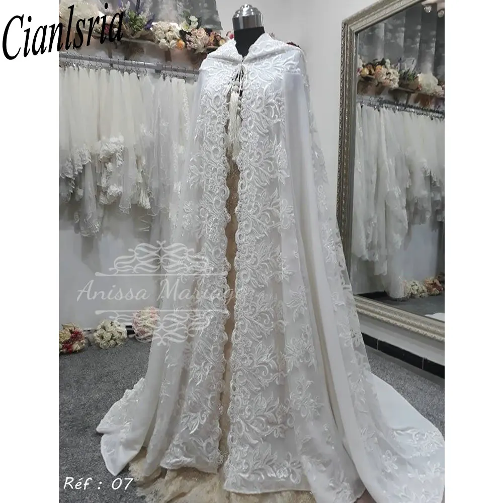 Muslim Arab Robe Wedding Cloak With Hat Appliques Lace Floor Length Dubai Islamic Kaftan Saudi Bridal Wedding Cape