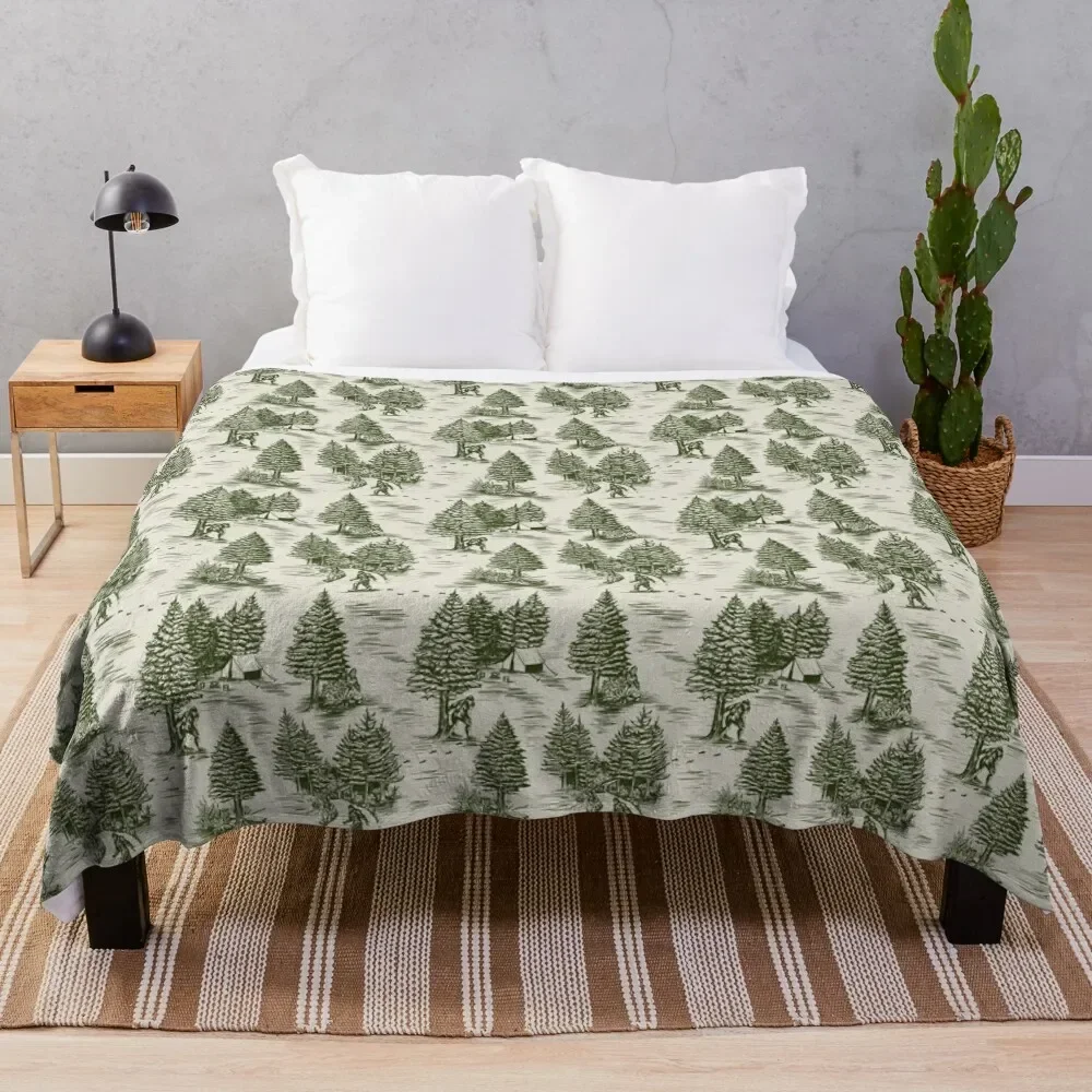 Bigfoot / Sasquatch Toile de Jouy in Forest Green Throw Blanket Flannels Softest Thermal Blankets