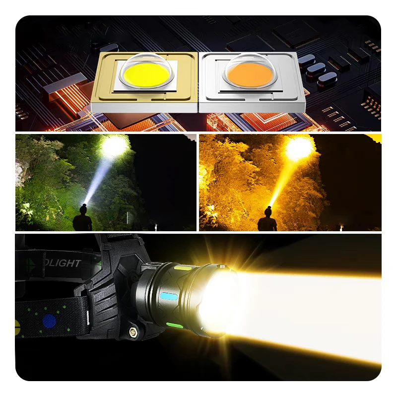Super Bright LED Headlight 18650 White Light And Yellow Light Rechargeable Headlamp 5 Modes Zoomable Head Flashlight Lantern