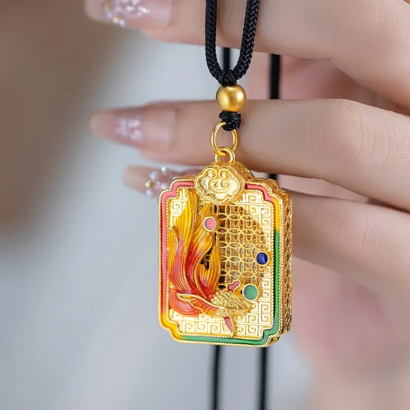 

9999 real gold 24K yellow gold Annual surplus goldfish pendant ancient method enamel lanyard sweater chain