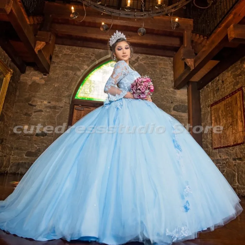 Quince XV Gaun Quinceanera Biru Muda Applique Renda Lengan Panjang Manis 16 Gaun Leher V Vestidos De 15 Años