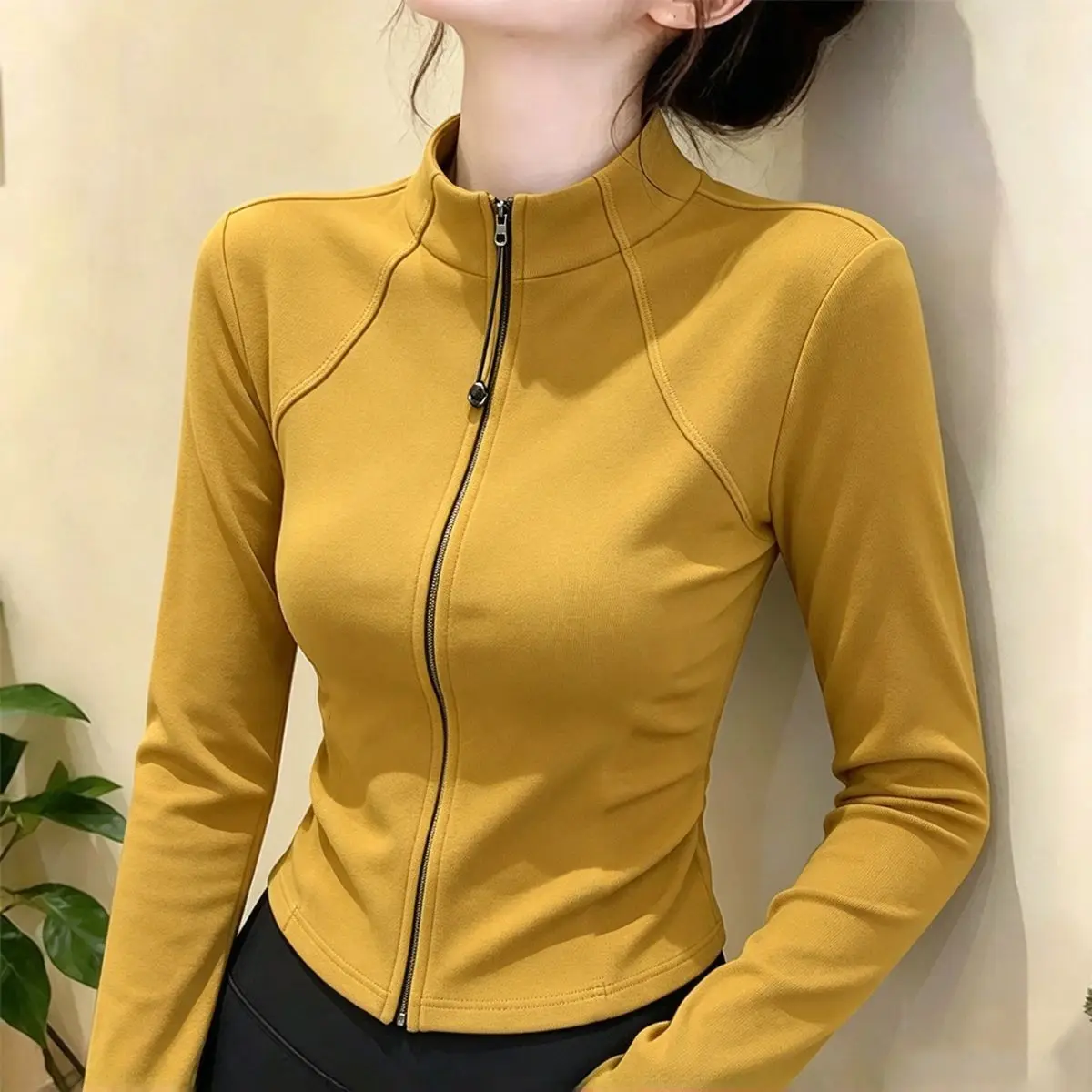 German Velvet Semi-Turtleneck Double Zipper Cardigan Jacket Front Shoulder Waist Top New Thin Elastic Commuter Outside Black