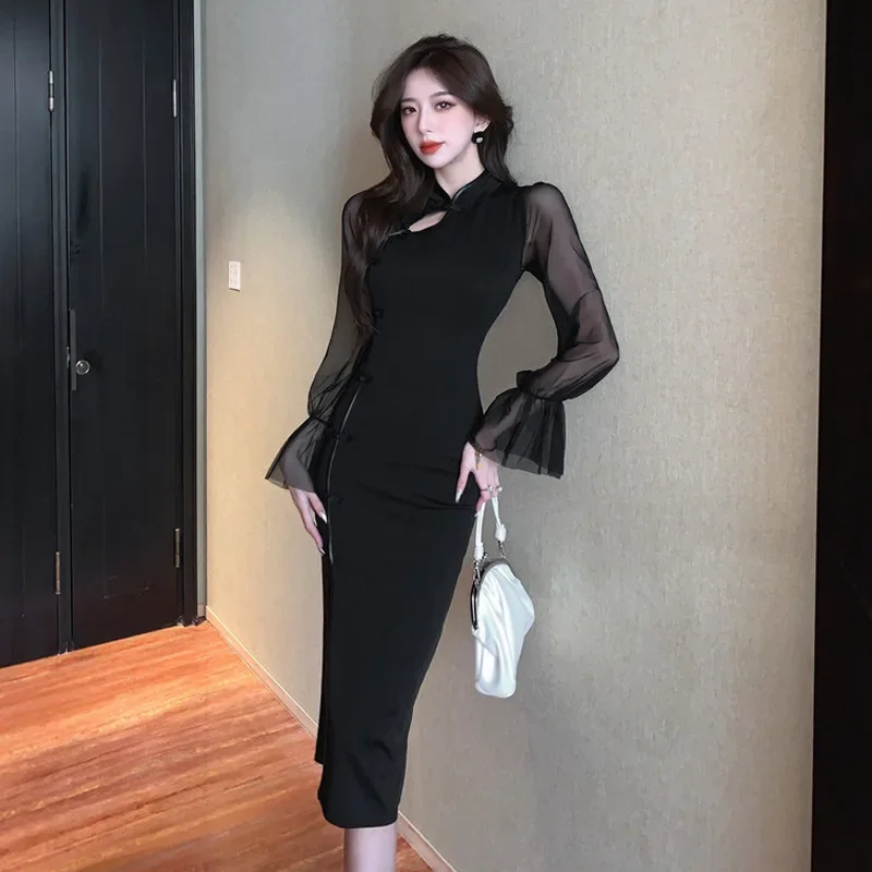 

Черное сетчатое улучшенное женское платье Ципао Cheongsam в китайском стиле, элегантное классическое платье с длинными рукавами, сексуальные платья