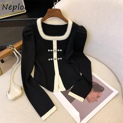 Neploe Elegant Fashion Square Collar Knitted Tops Women Autumn Long Sleeve Cardigans New Chinese Style Button Sweater Mujer