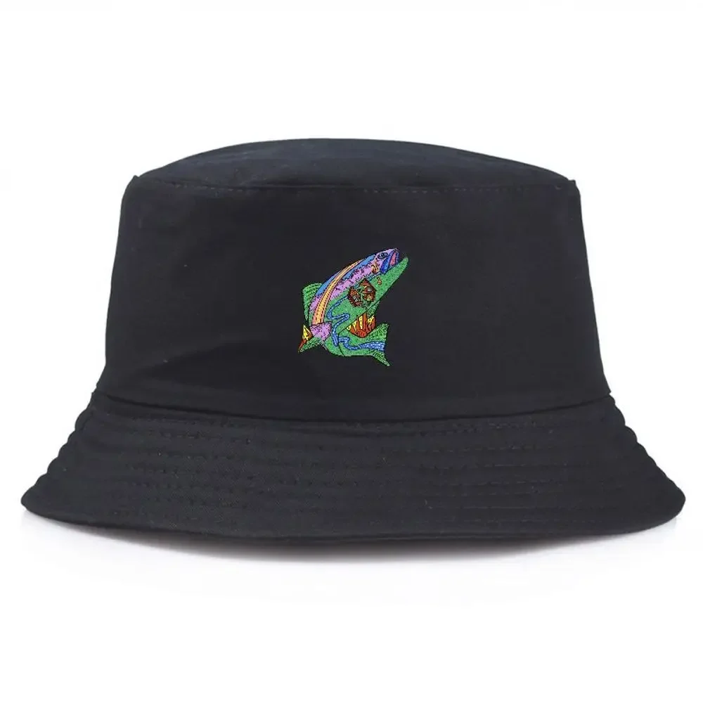 

Summer Fisherman Bucket Hat Fishing Hat For Men Women, Black Bucket Cap With Colorful Fish