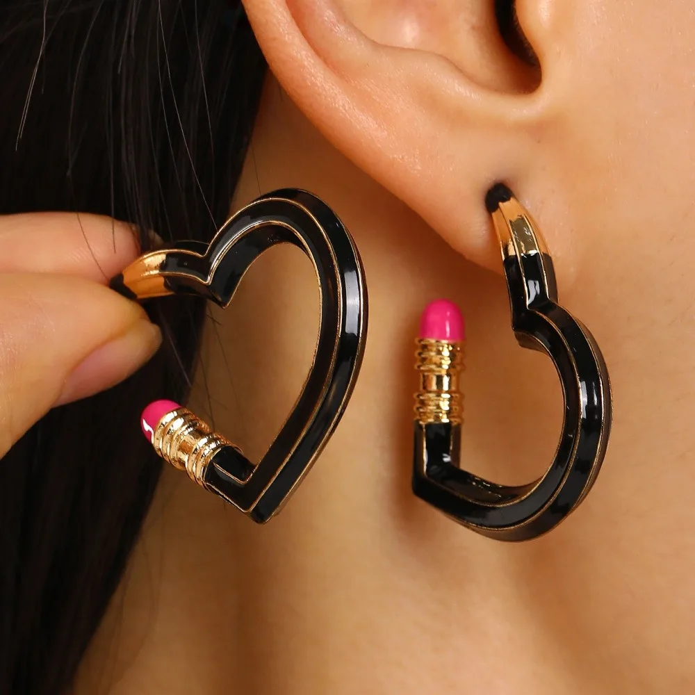 2/3pcs Funny Heart-shaped Women's Hoop Earrings Trendy Alloy Pencil Shaped Open Ring Lightweight Unique Finger Ring Earrings Set