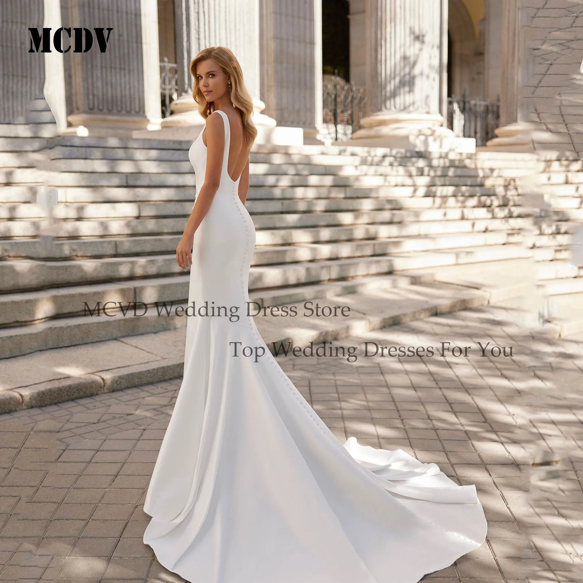 MCDV Satin Mermaid Wedding Dresses for Bride Backless Square Collar Pleats Simple Bridal Gowns Customized Sleeveless Sweep Train