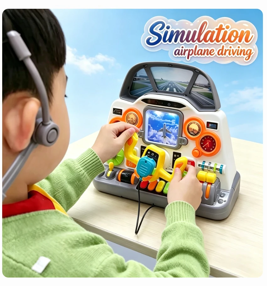 Kids Simulated Aircraft Cockpit Toys, Flight Simulation Game Toys, Steering Wheels with Sound & Light Effects Birthday Gifts
