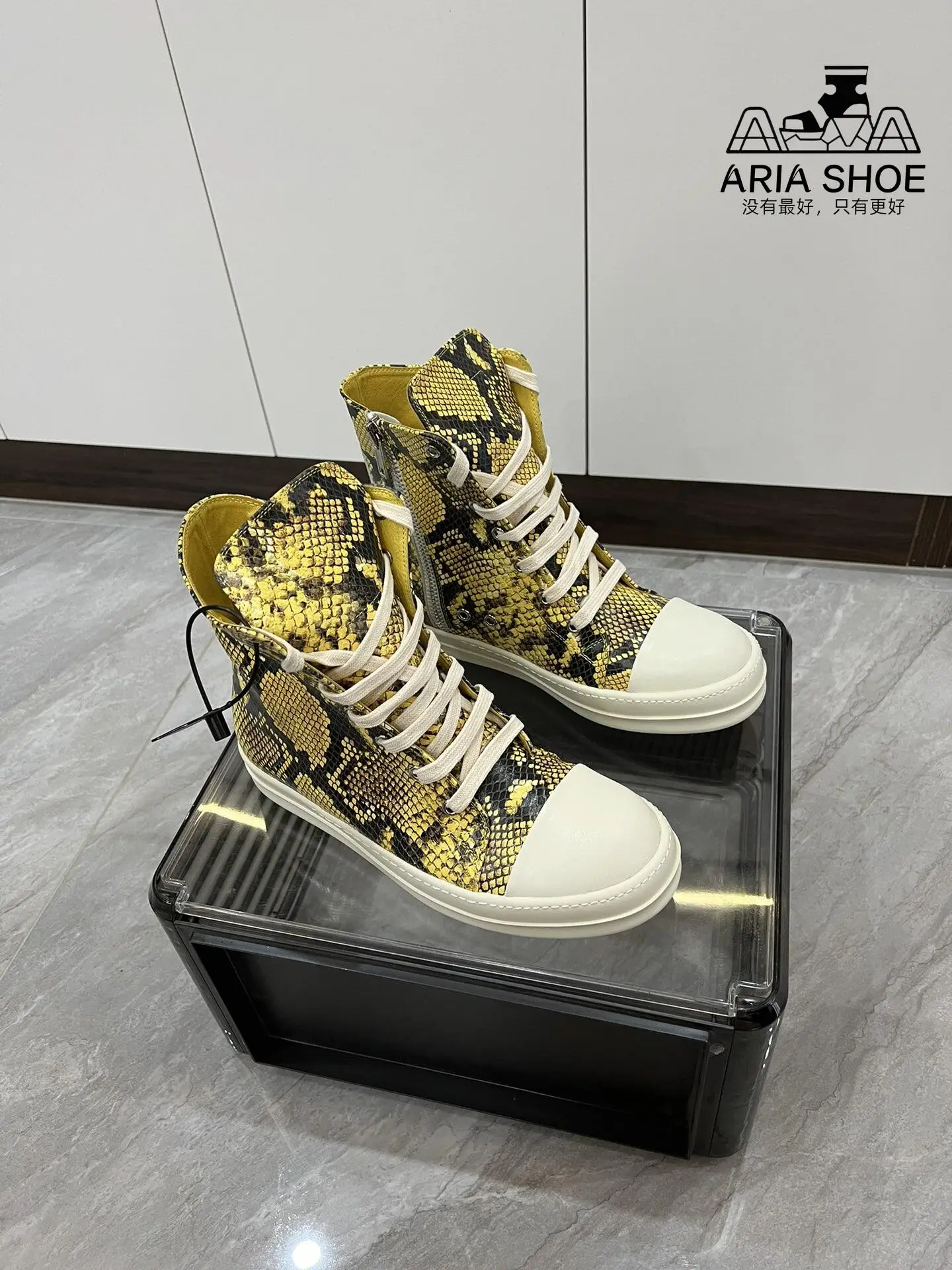 Brand High Quality Men's Yellow Python Print Cowhide Rick High Top Casual Shoe Owen Women's Minimalist Leather Flat Lace-Up Boot