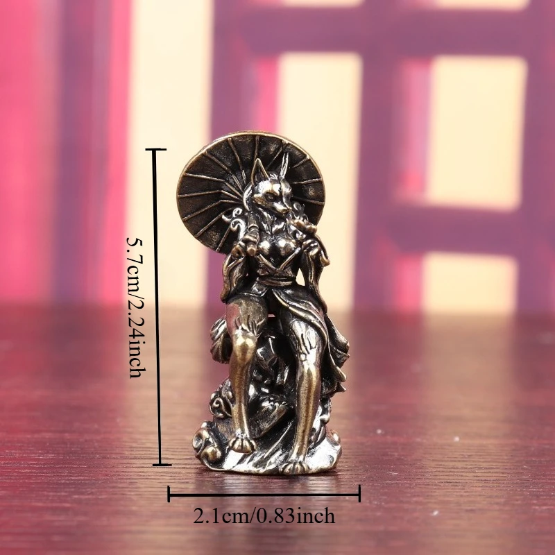 Vintage Brass Fox Fairy Figurine, Chinese Mythical Kitsune Statue with Umbrella, Mini Desktop Ornament,  Collectible Craft Gift
