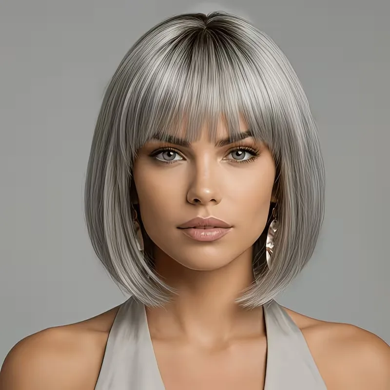 Gray wig with bangs for women, short straight hair, voluminous bob style
