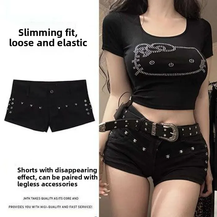 

Y2K Spicy Girl Low Waist Black Denim Shorts Women Summer Rivet Hot Low Waist Bodycon Ultra Short Hot Pants Casual Straight Leg
