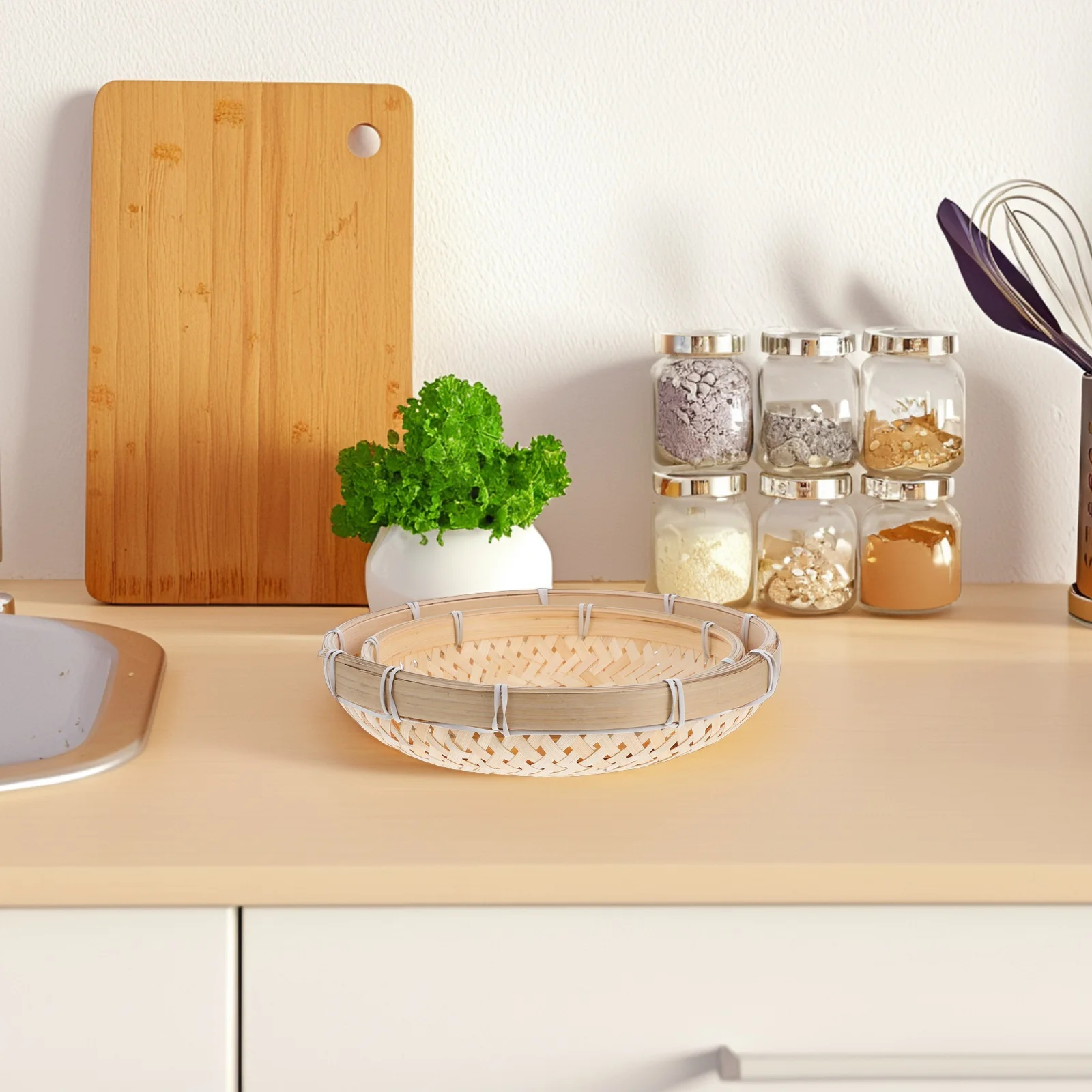 

2pcs Bamboo Storage Baskets Handwoven Fruit Vegetable Bread Keeper Tray Pantry Organizer Home Decor Stackable Woven Basket