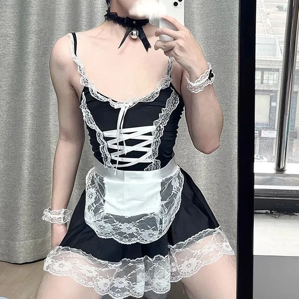 Mens Erotic Sexy Suspender Lace Vest Suit Unisex Nightclub Youth Bow Wristband Leg Rings Cosplay Lolita Maid Maid Outfit Unisex