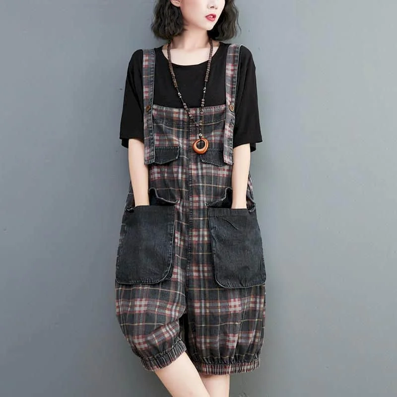 Denim Jumpsuits Women Vintage Korean Style One Piece Outfit Casual Cropped Rompers Printed Lantern Jeans Summer Women Clothing