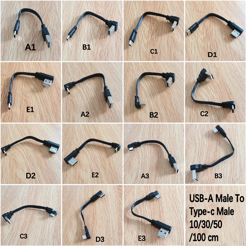 

1PC 10/30/50/100cm USB-A to Type-C Male Cable 90 Degree L-Shaped Charging Data Sync Cord Right/Left/UP/Down Angle Elbow USB Cabl