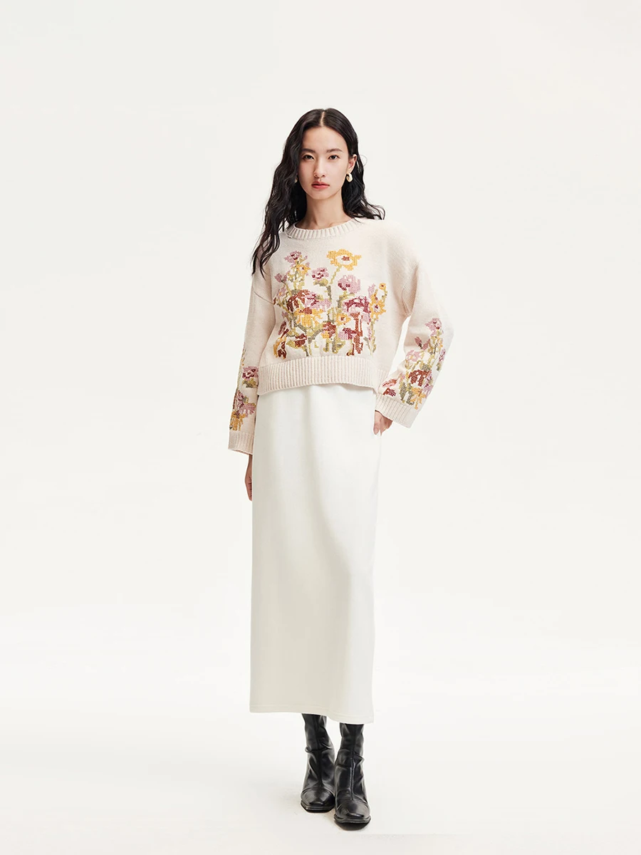 

Women's Knitted Pixel Sensation Hook Flower round Ne Velvet Top Autumn Winter Loose Fit Long Sve ort Length